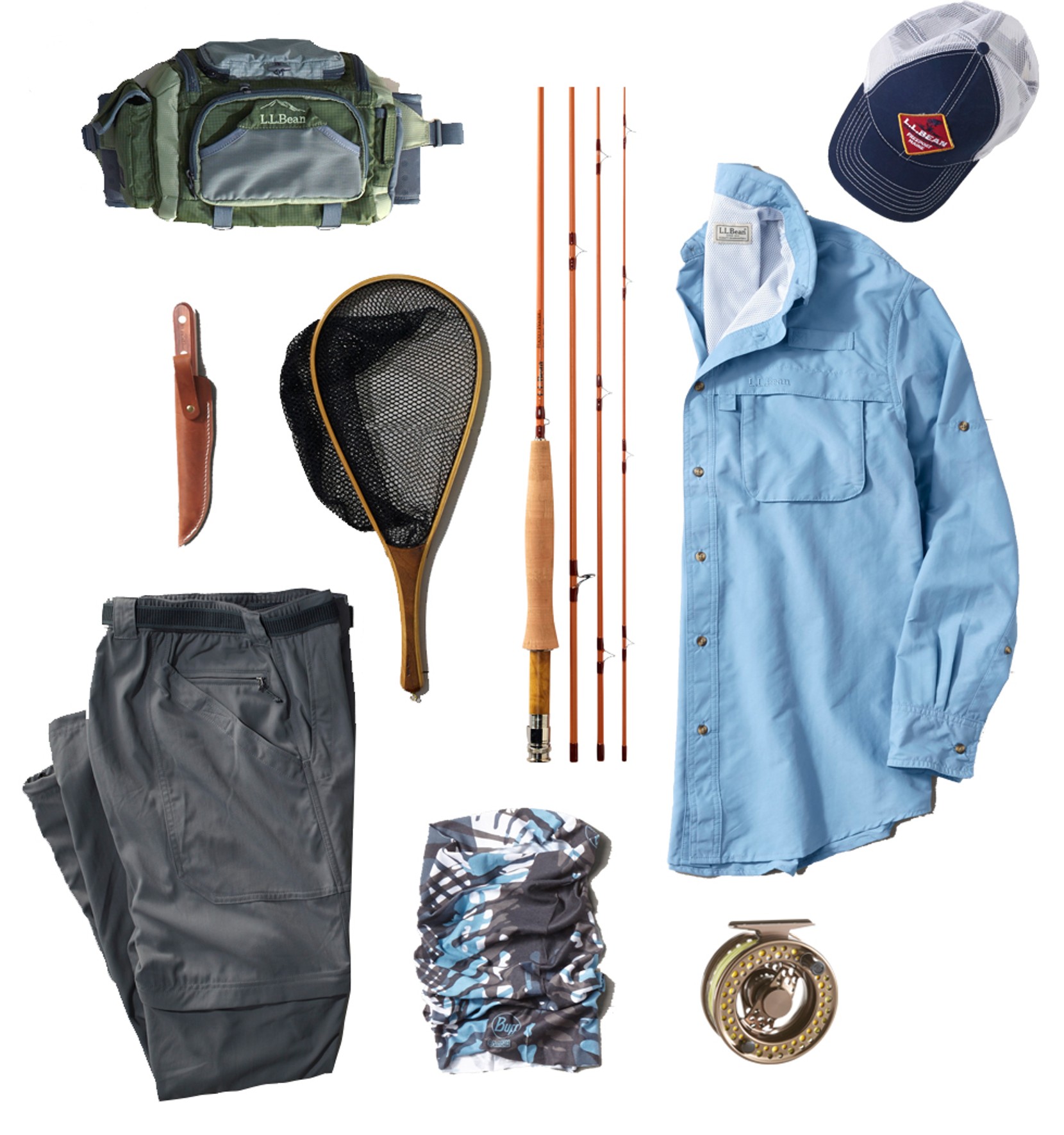 A collection of fishing apparel and accessories.