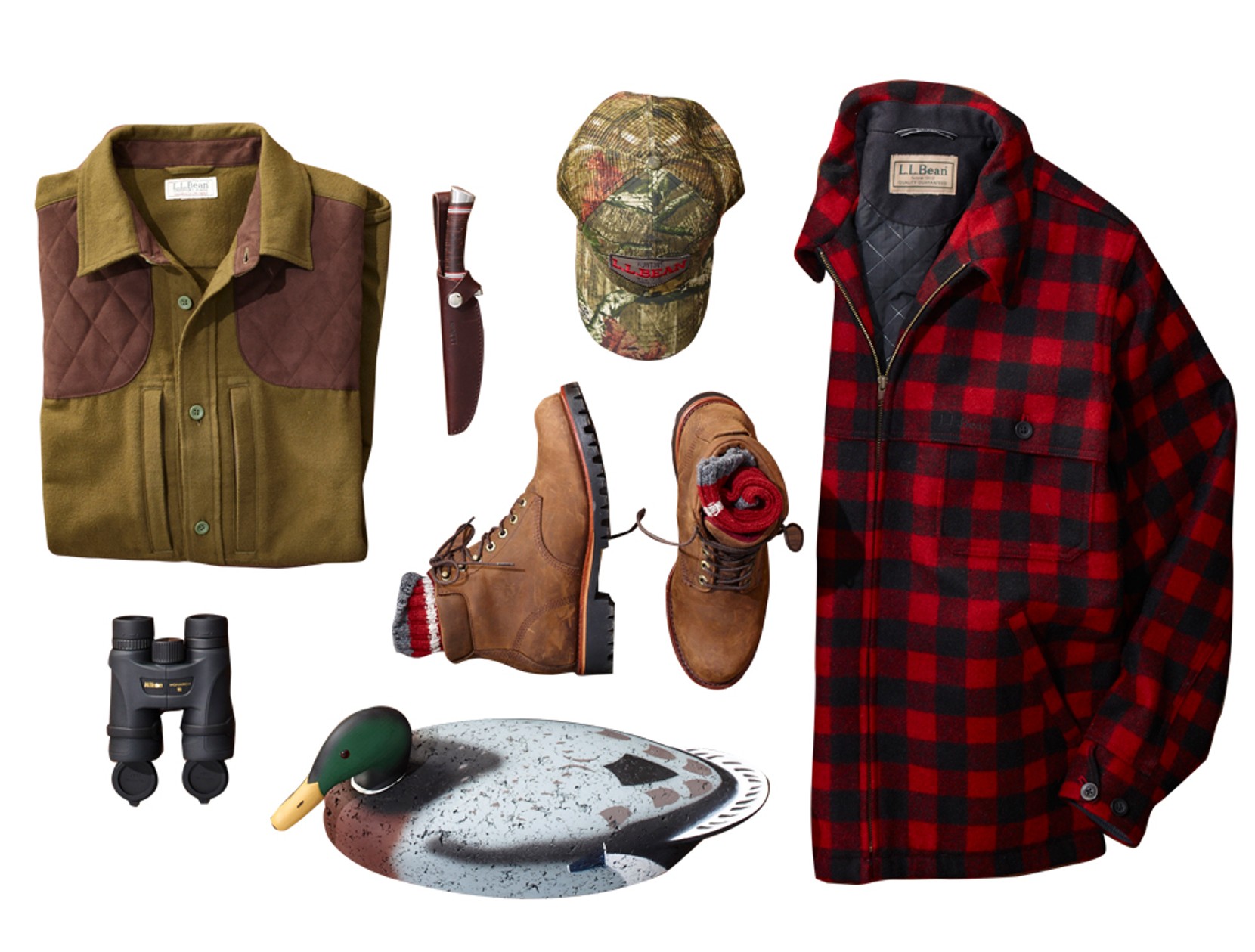 A collection of hunting apparel and accessories.