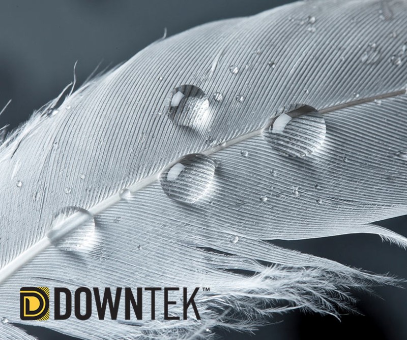 A feather with water droplets and the Downtek logo.