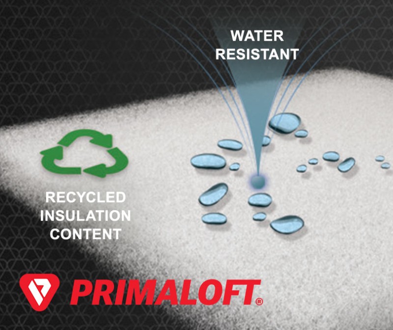 Primaloft material with water droplets plus Primaloft logo and text, recycled insulation content and water resistant.