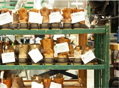Shelves of Bean Boots waiting to be repaired.