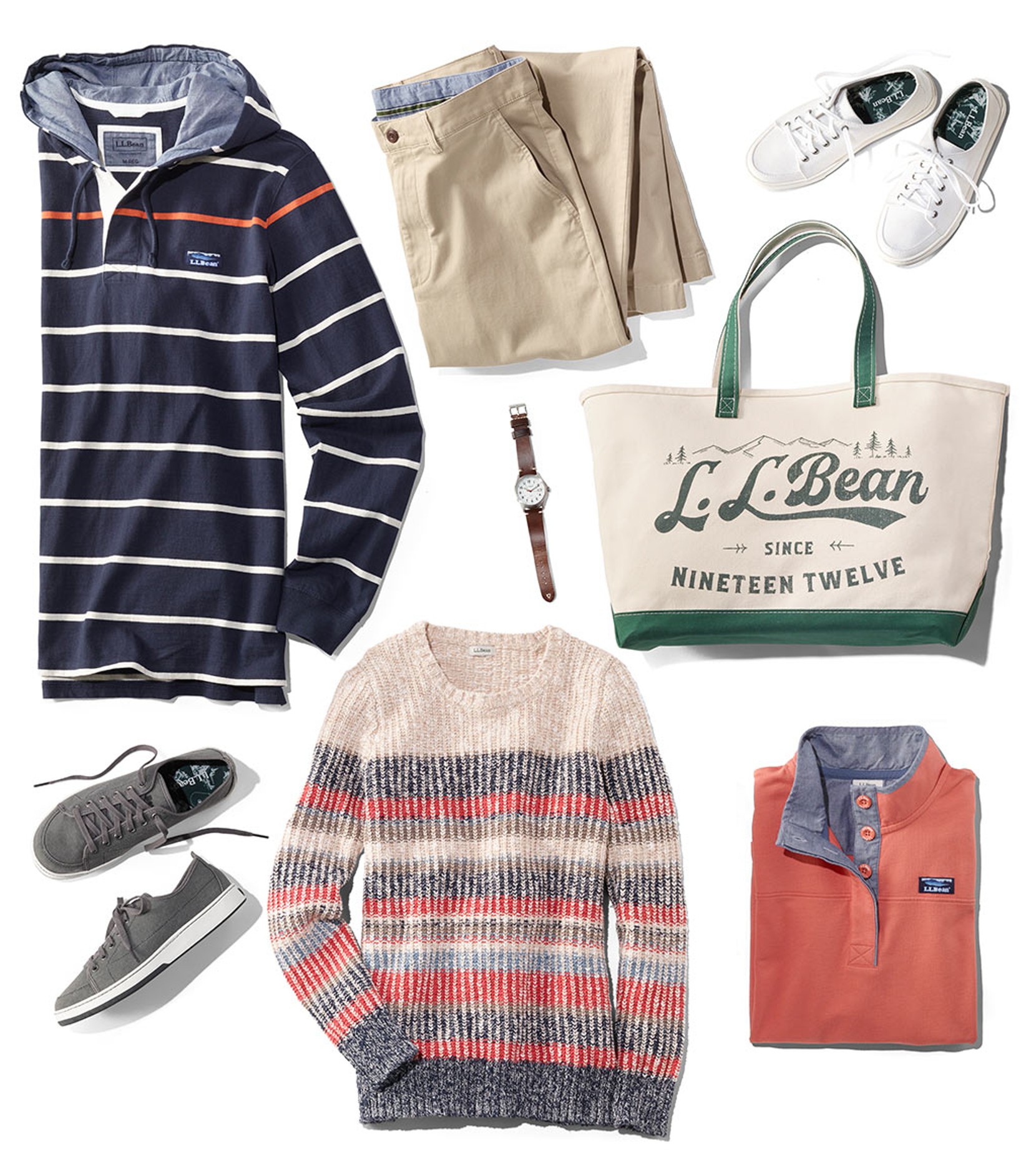 An assortment of L.L.Bean spring clothing and accessories.