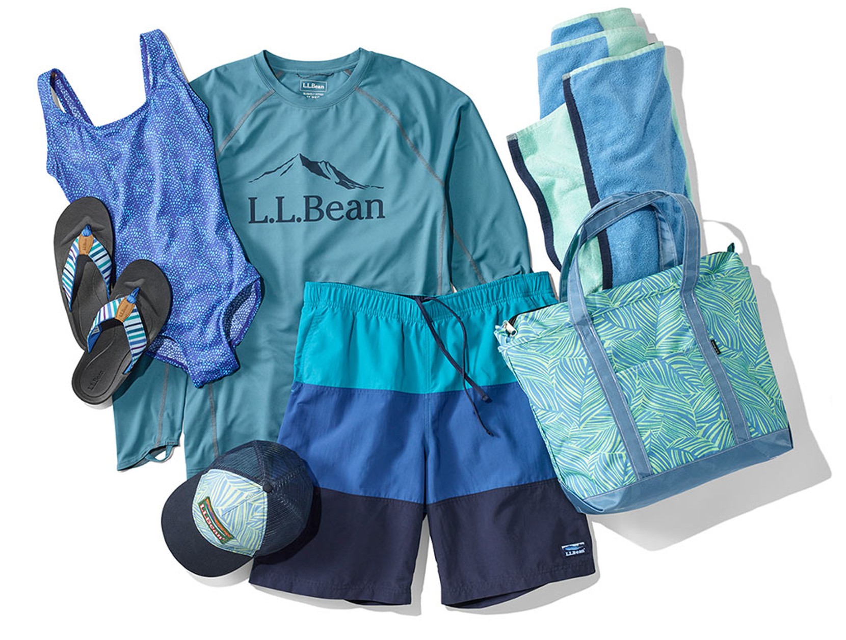 An assortment of Men's and Women's swim clothing and accessories. 