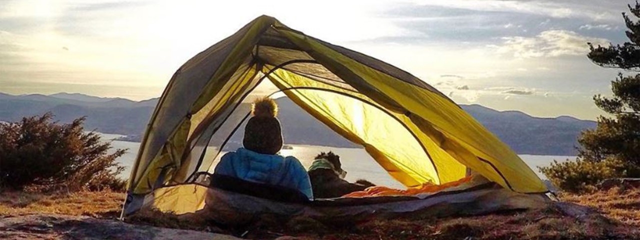 A person and a dog, in their tent watching the sunset.