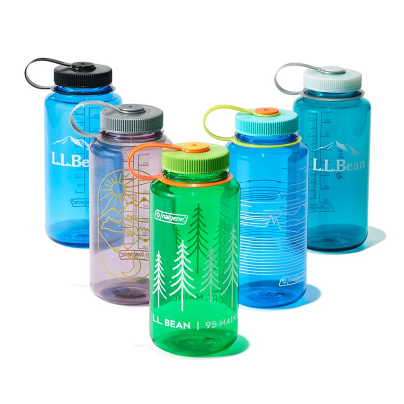 L.L.Bean Nalgene water bottles in various colors.