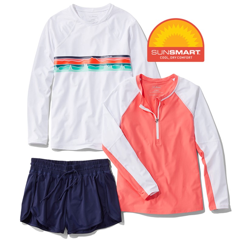 A SunSmart rash guard, long sleeve shirt, and shorts with the SunSmart logo.