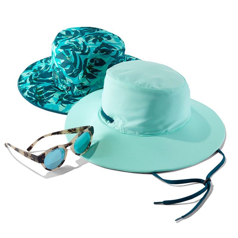 Two sunhats and a pair of sunglasses.
