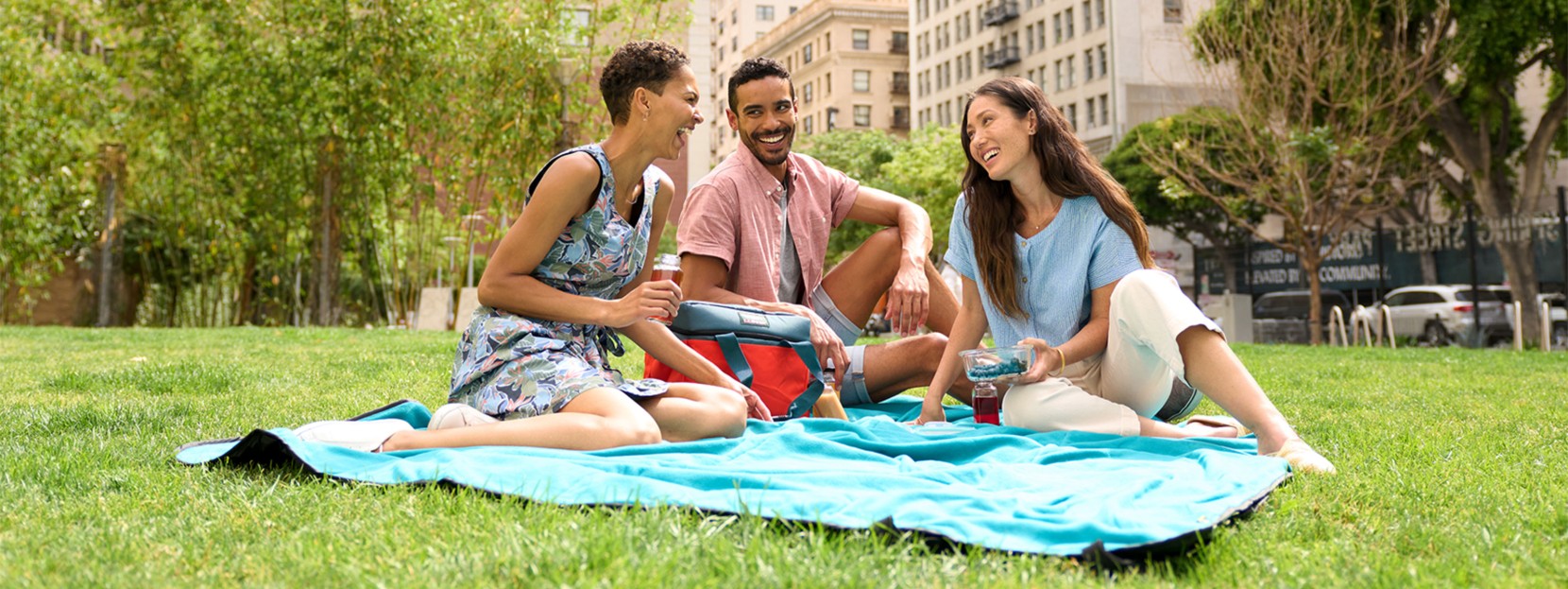 3 people sitting on a blanket in a city park having a picnic.