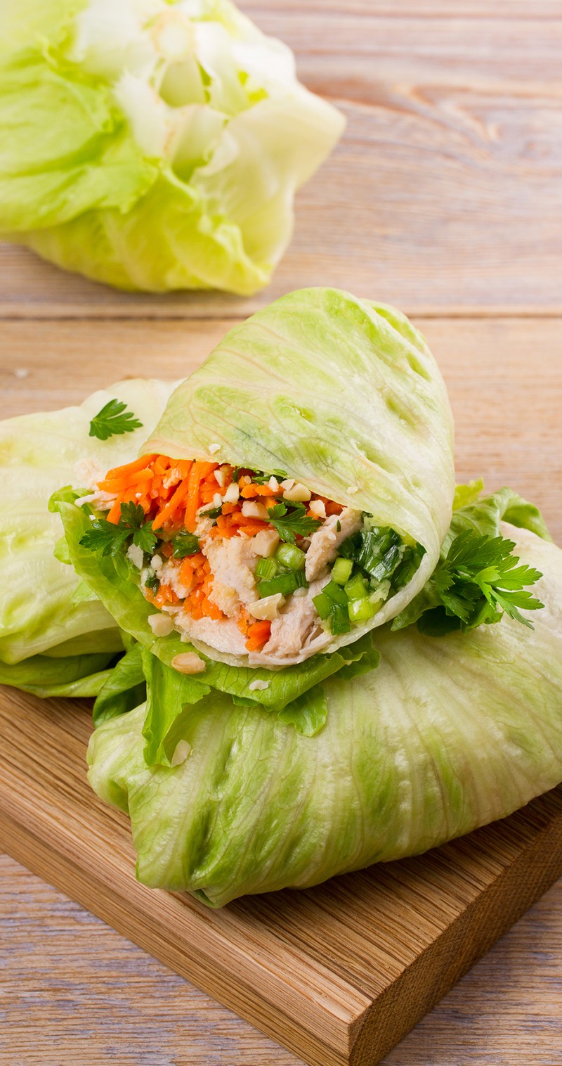 3 chickpea lettuce wraps on a cutting board.