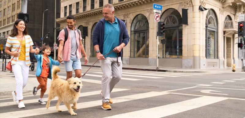 A family and a dog walking down a city sidewalk.