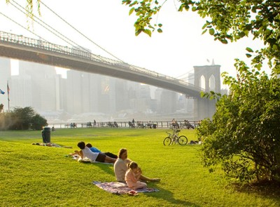 picnicers in a park under the Brooklyn Bridge
