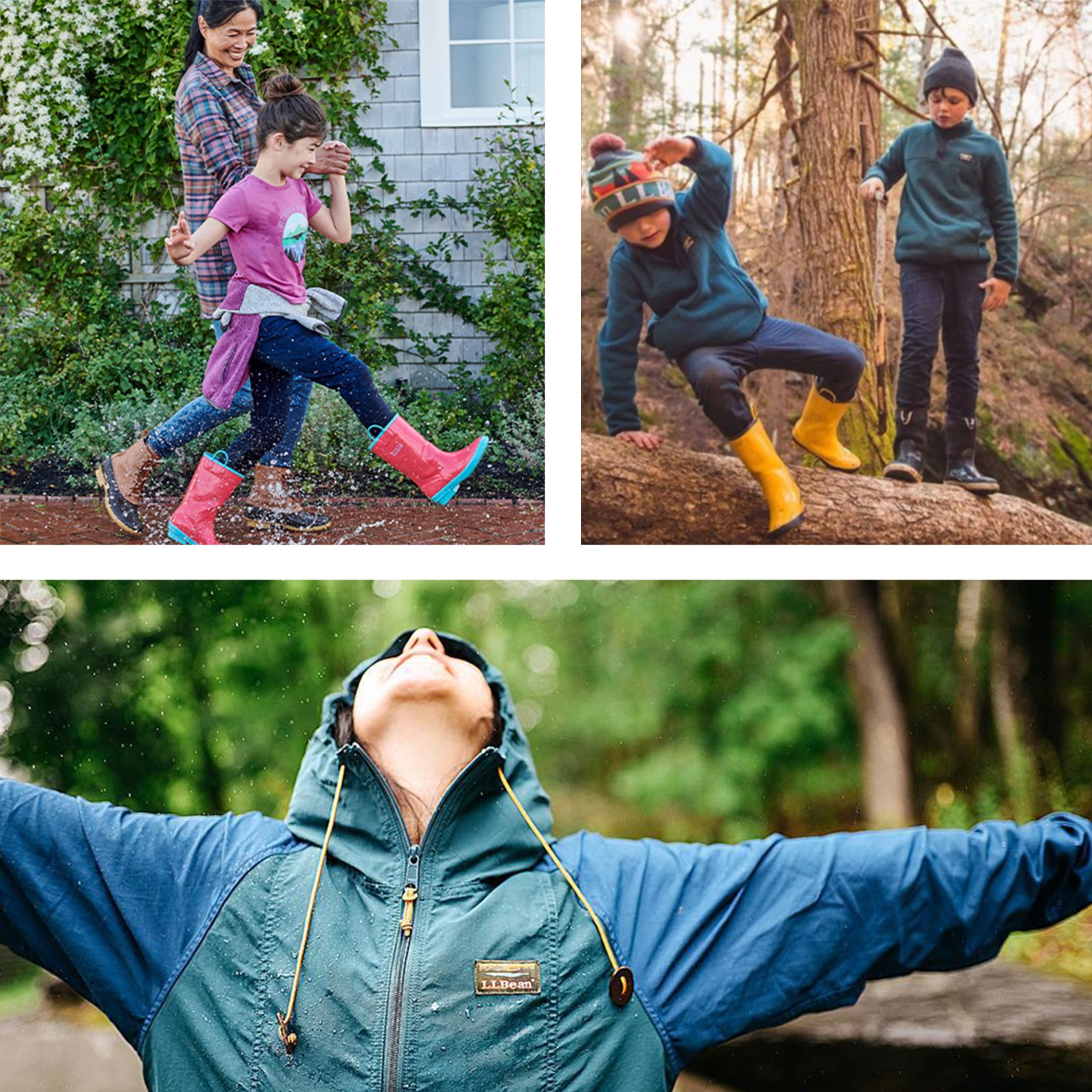 Three pictures of people enjoying the rainy weather.