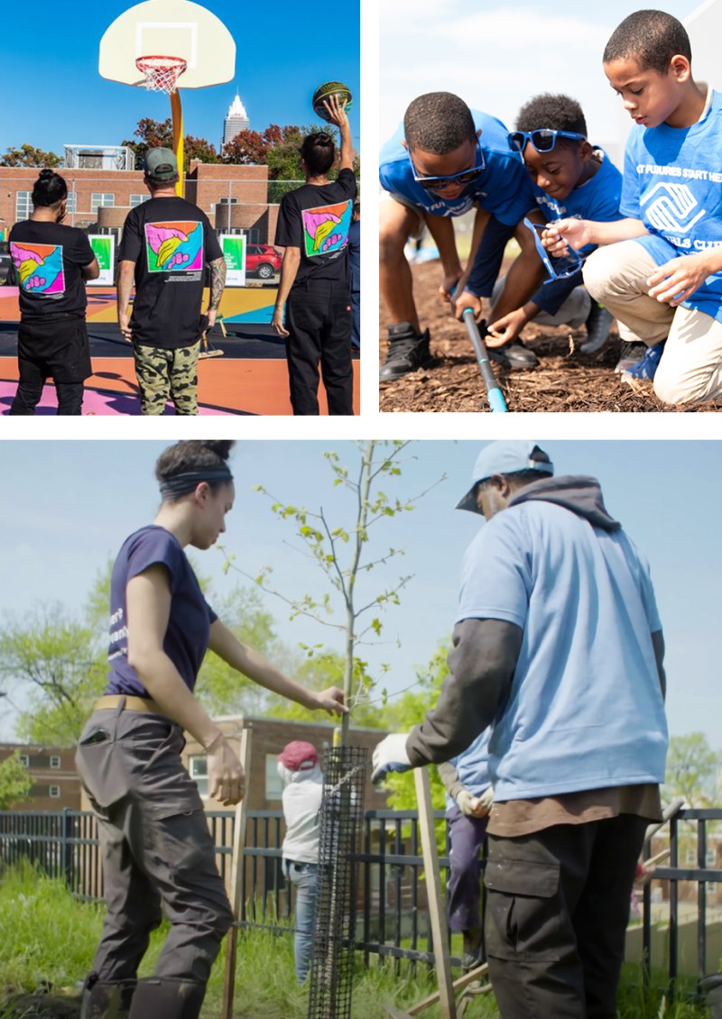 People in bright t-shirts standing on a basketball court, children digging in the dirt and a man and woman planting a tree.