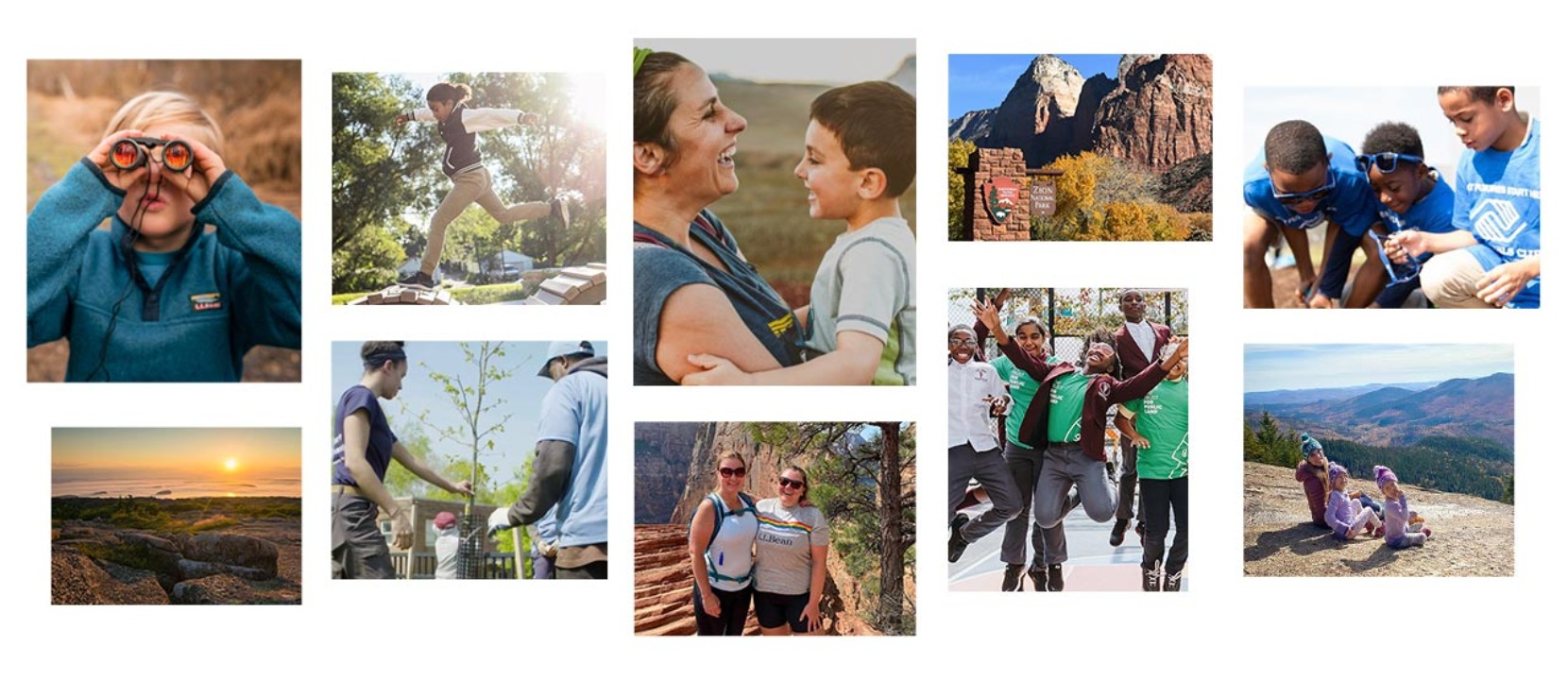 A collage of happy people enjoying being outside.