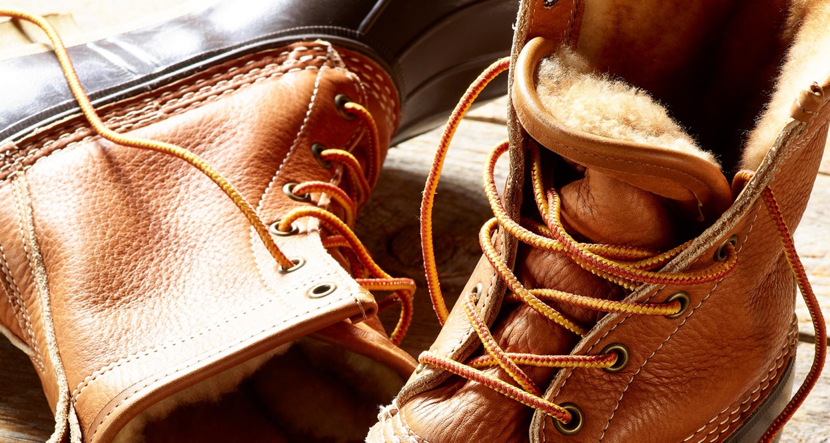 Close-up of a pair of shearling-lined Bean Boots.