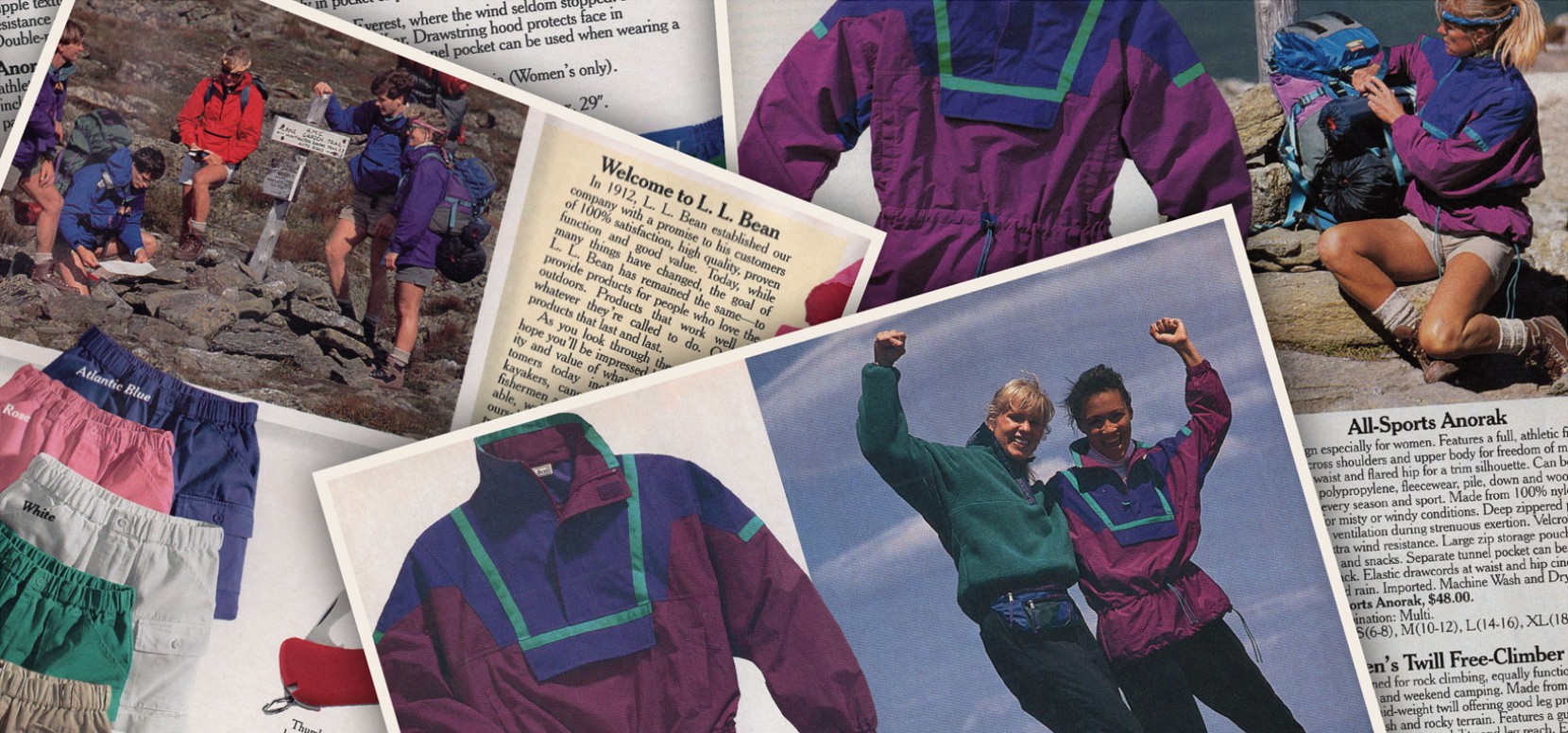 Close-up of several 1990's catalog pages featuring color-block anorak.