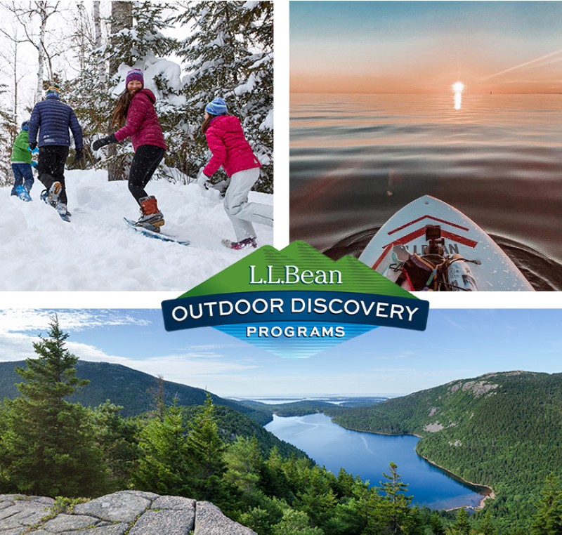 Outdoor Discovery Programs: People snowshoeing, a scenic mountail view and a sunset viewed from a stand up paddleboard