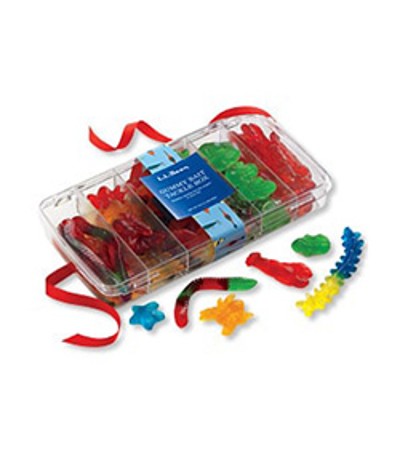 A clear plastic box filled with colorful, edible gummy worms and insects.