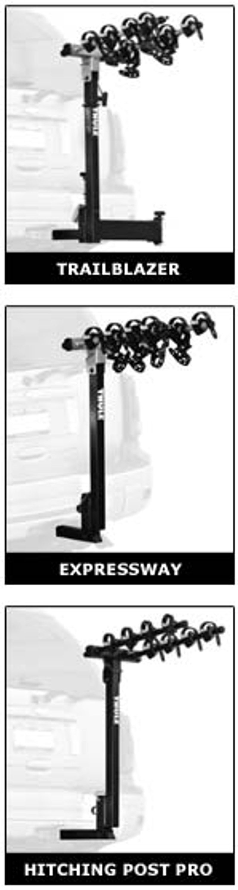 Three Thule bike racks: Trailblazer, Expressway and Hitching Post Pro.