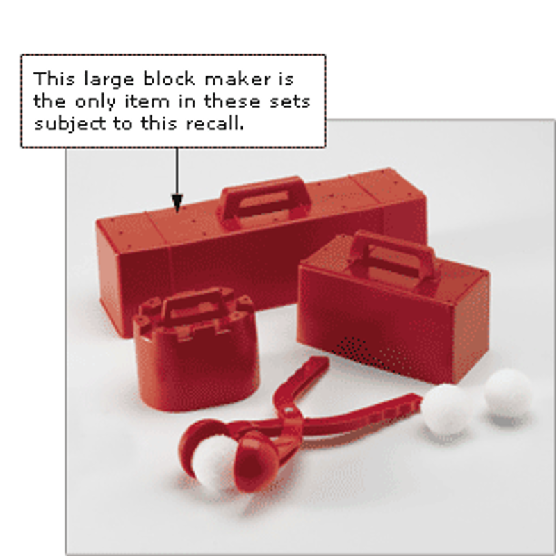 Four-piece Snow and Sand Castle Maker, the largest block maker called out as "the only item in the set subject to this recall."