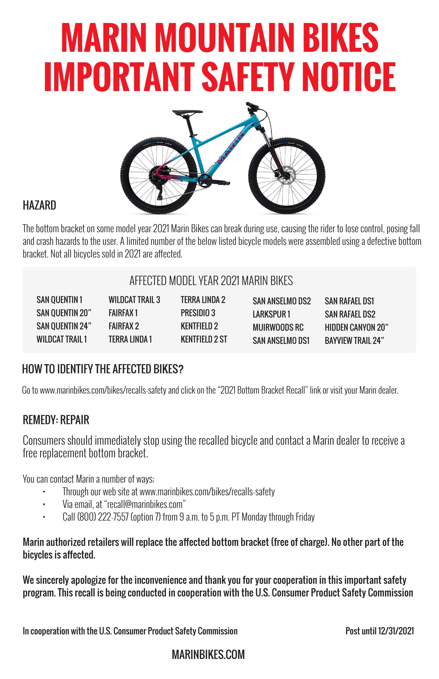 Recall Notice Poster from Rocky Mountain Bikes.