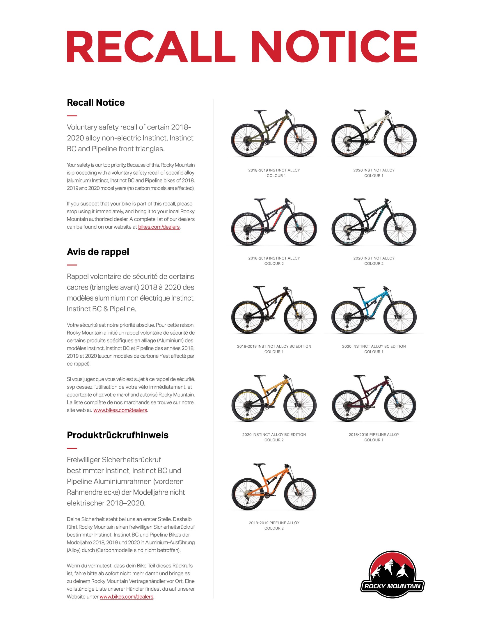 Recall Notice Poster from Rocky Mountain Bikes.