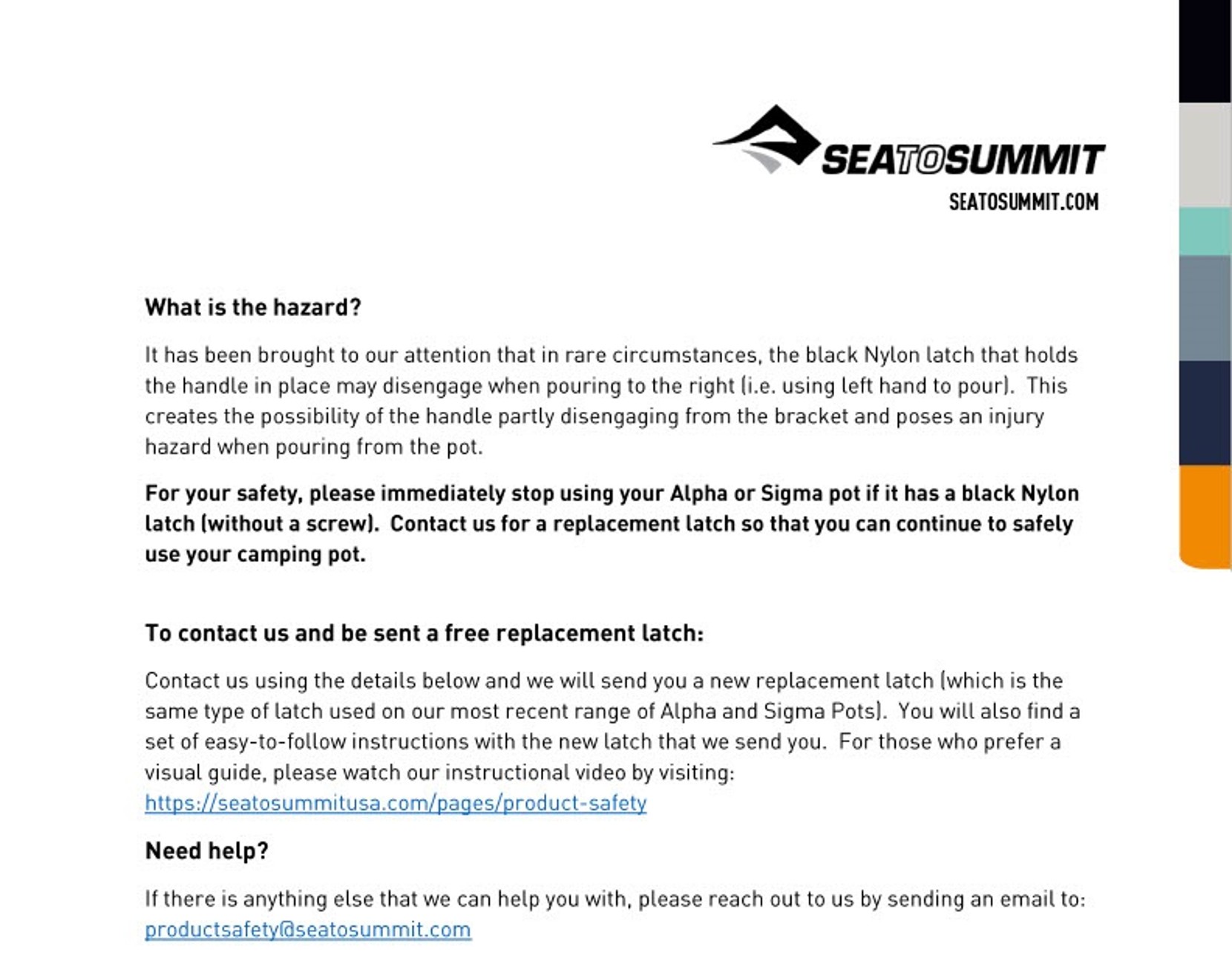 Recall letter 2 about Sea to Summit Pots.