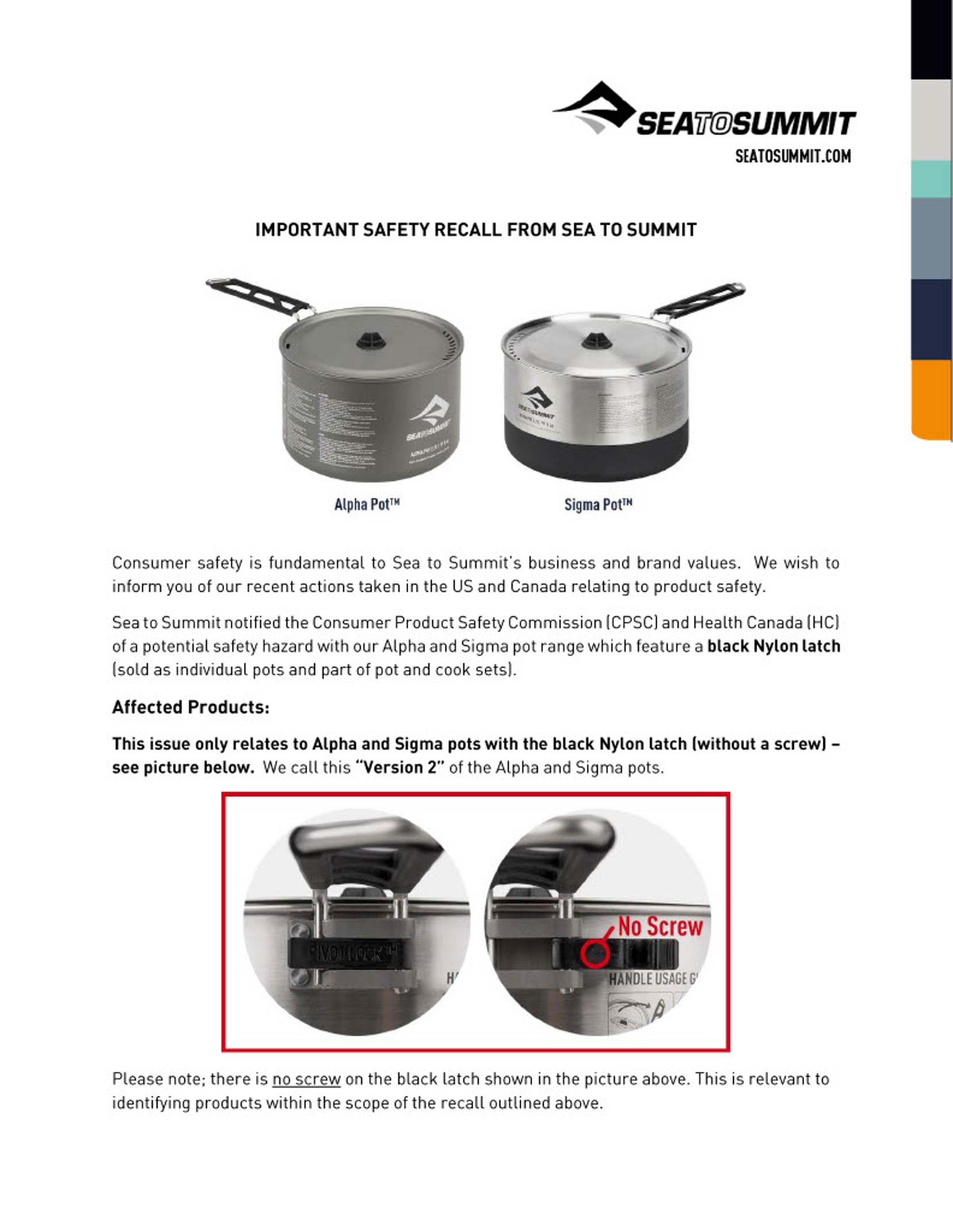 Recall letter 1 about Sea to Summit Pots.