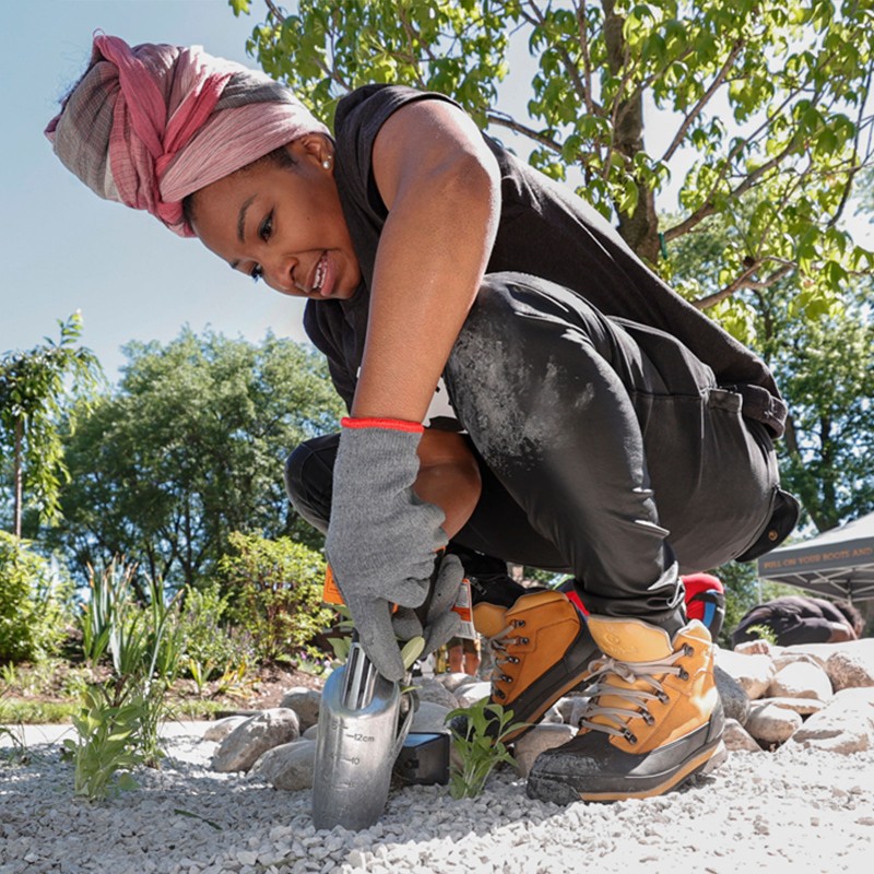 A woman planting seedlings in a garden.