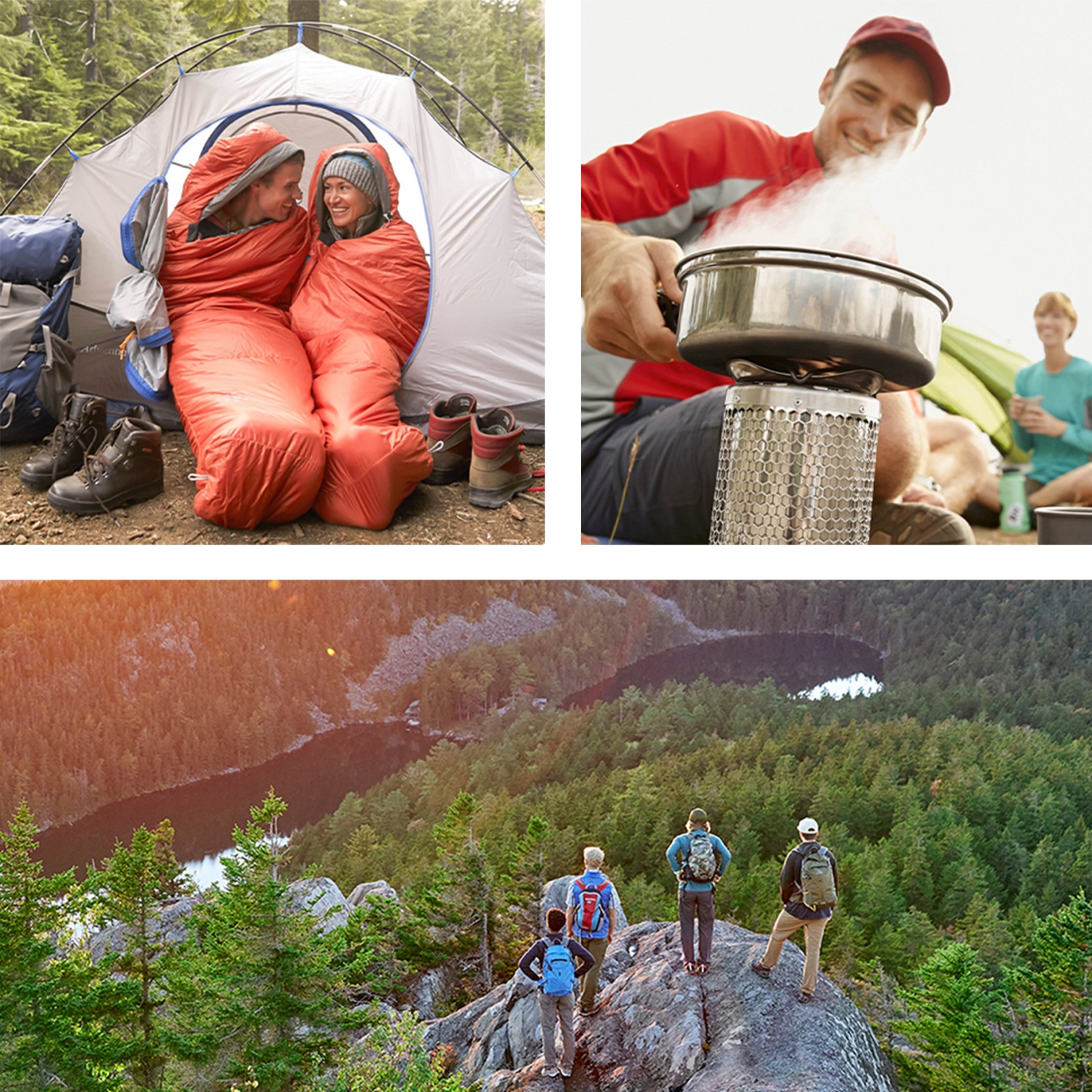 Three pictures of people enjoying camping in the outdoors