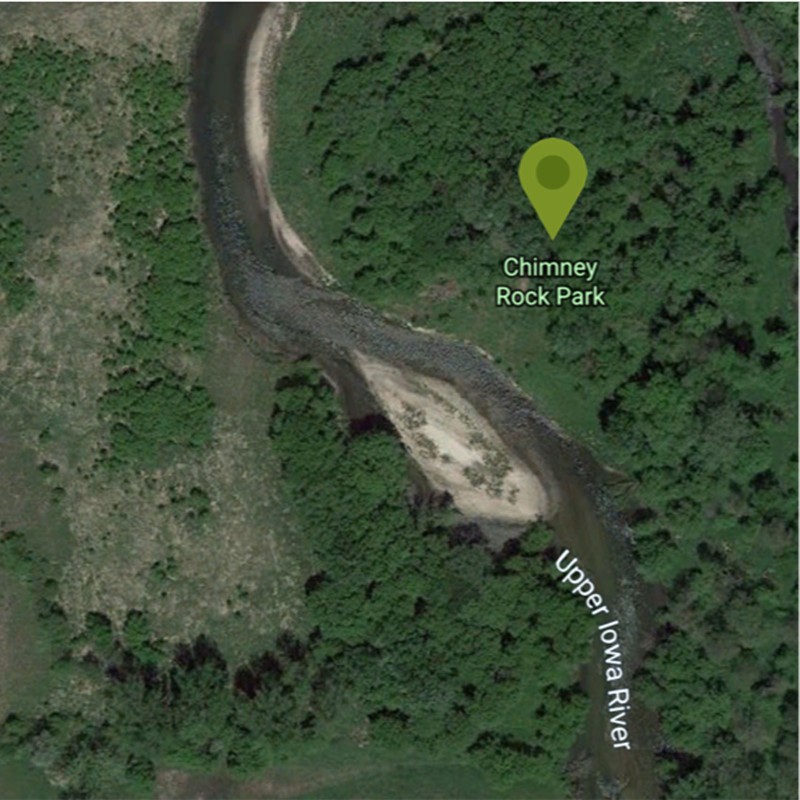 Satellite view of the Upper Iowa River at Chimney Rock Park, Bluffton, Iowa.