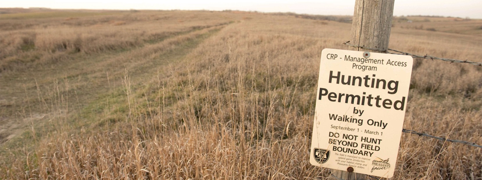 A close-up of a Hunting Permitted sign in a field.