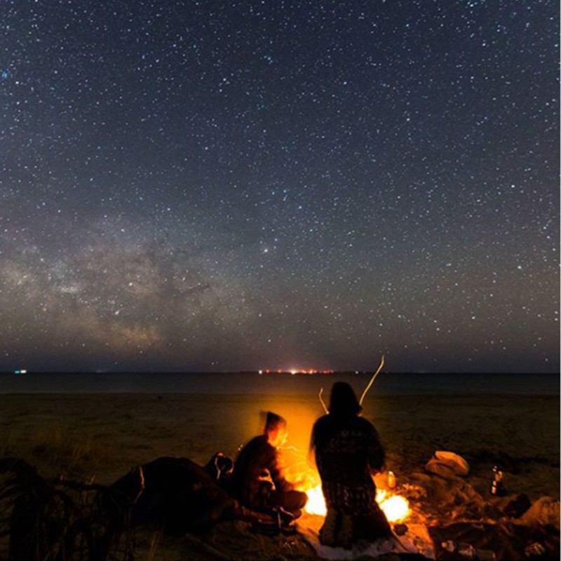 Folks around a campfire under a star-filled sky.