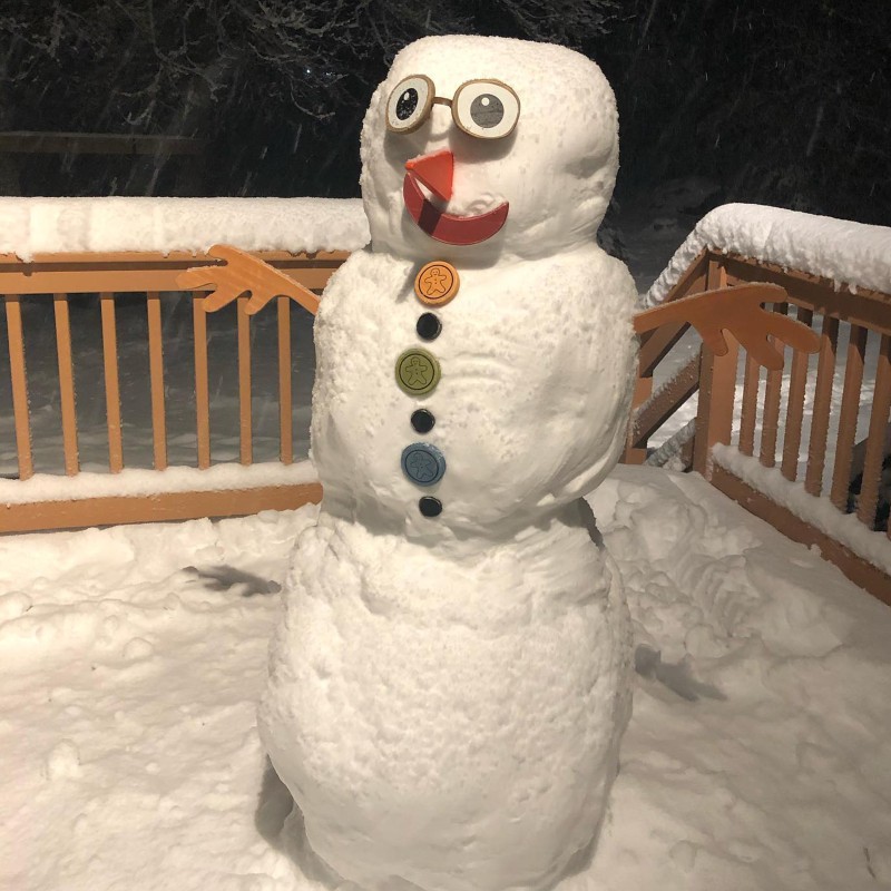 Snowman at night on the porch