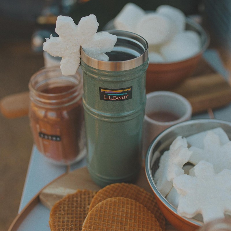 L.L.Bean thermos with hot cocoa and a snowflake marshmallow.