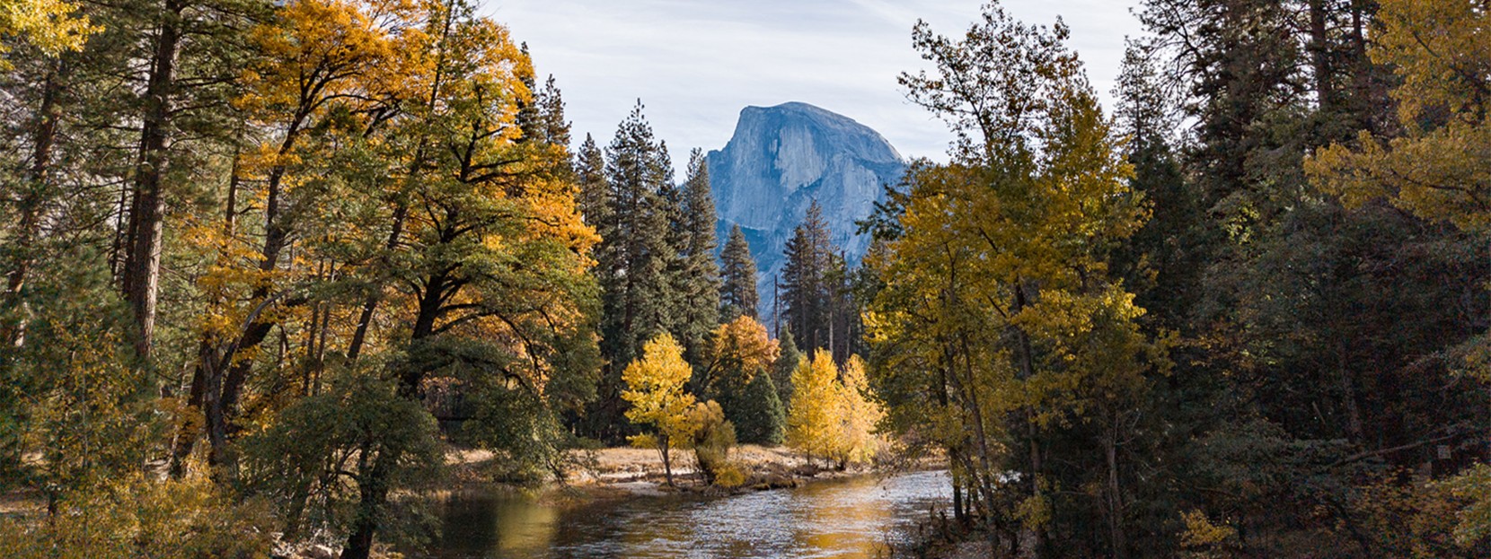 A beautiful peak in the background and a tree-lined river in the foreground in Yosemite National Park.