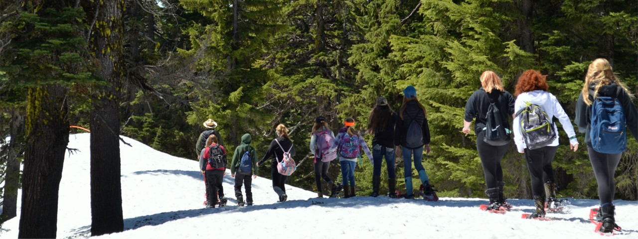 Students on snowshoes hike through the snowy woods with a ranger guide.