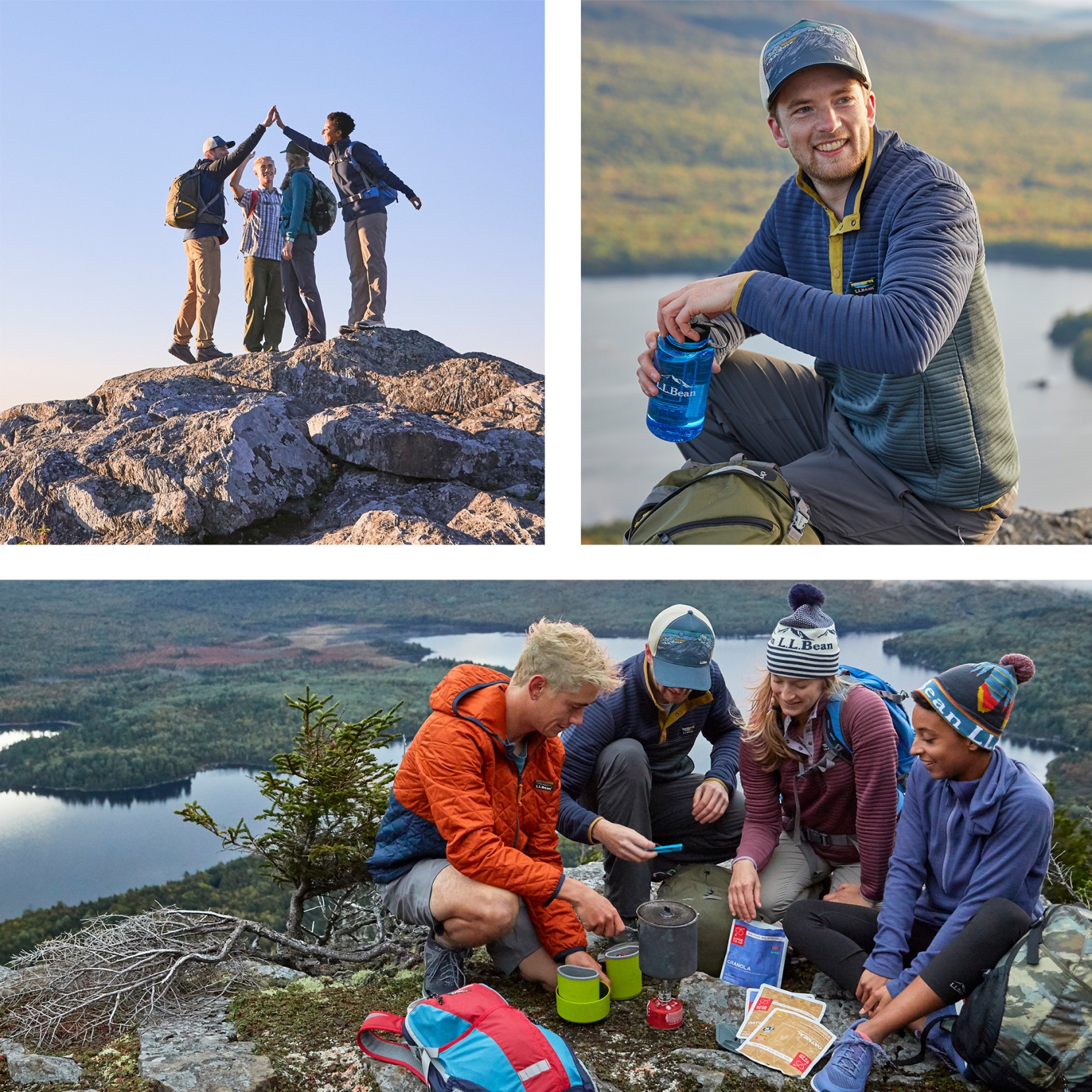 Three images of a group of friends hiking