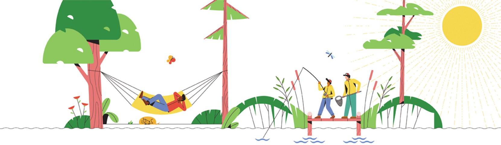 Sunsmart illustration of person in a hammock and two people fishing.