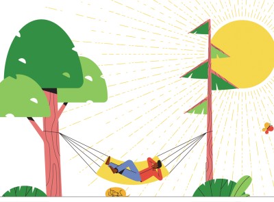 Whimsical illustration of a person outside in a hammock on a sunny day.