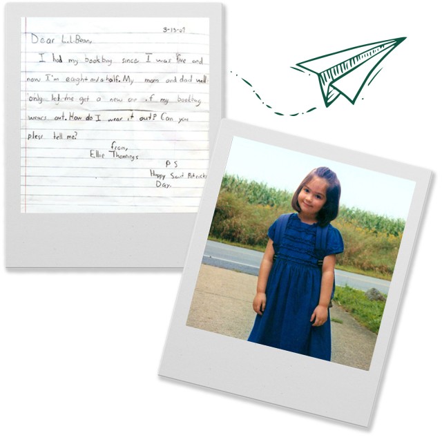 Two polaroids, one of a hand-written letter and one of the young girl who wrote it.