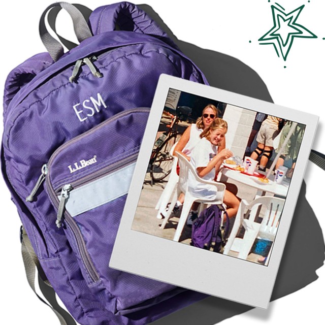 A purple backpack with initials and a polaroid of the pack with its owner, a young girl.