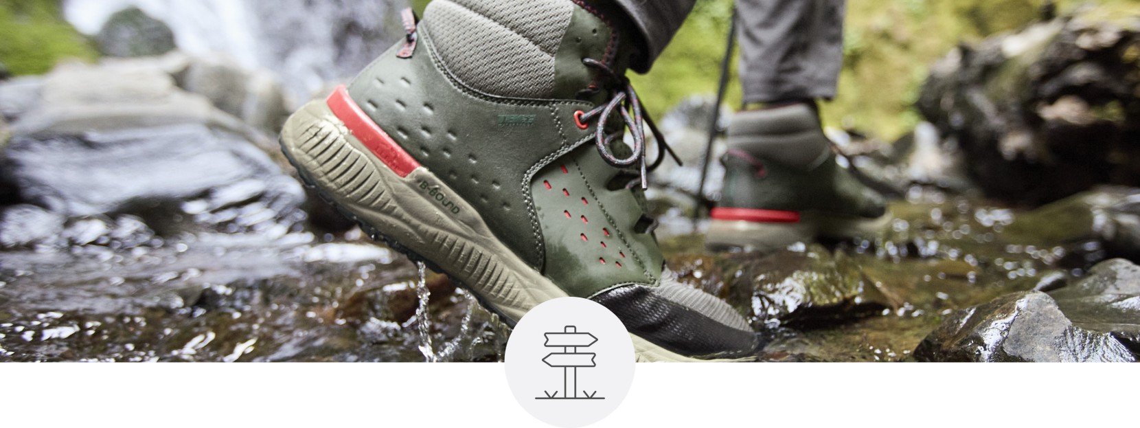 A close-up of feet in hiking boots crossing a stream.