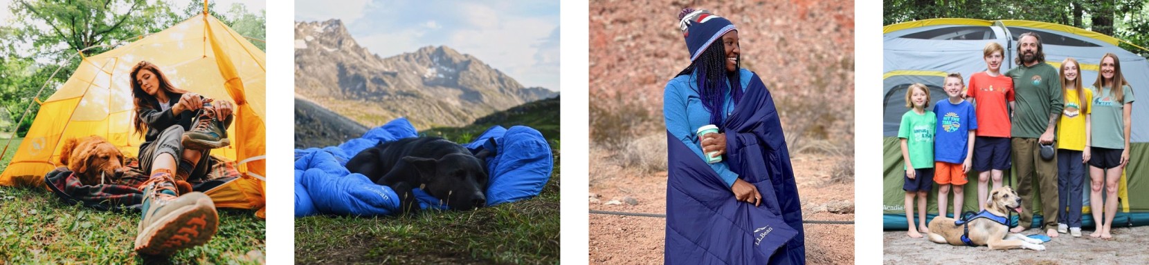 4 images of different people camping in various setting.