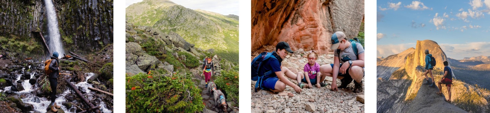4 images of hikers in various outdoor settings.