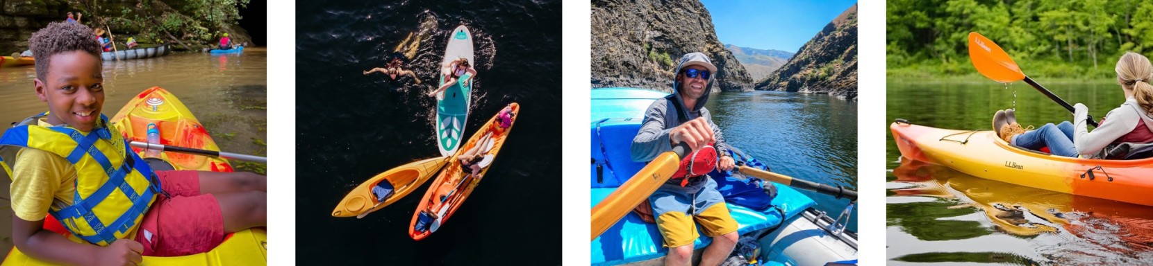 4 images of different people paddling in various settings.