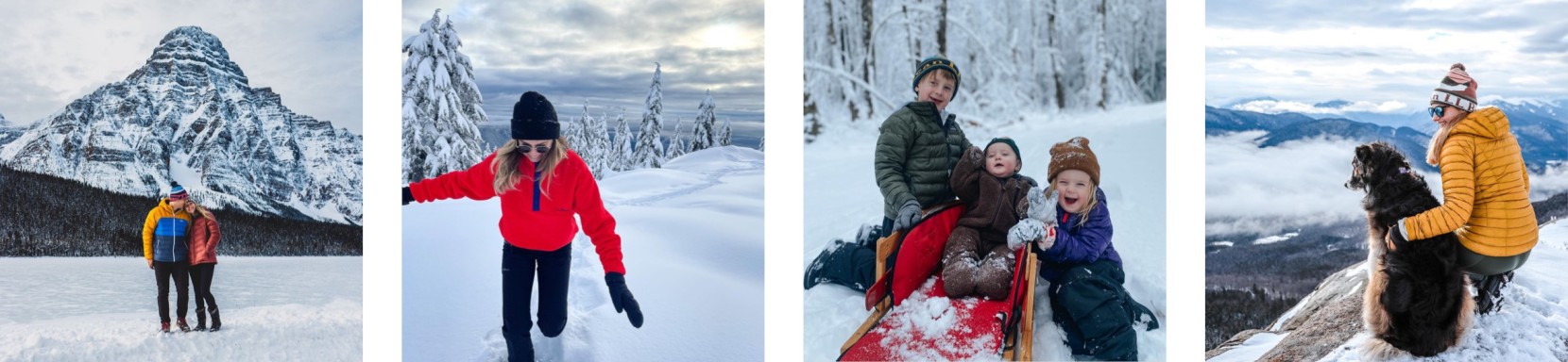 4 images of different people having fun outside in winter in various settings.