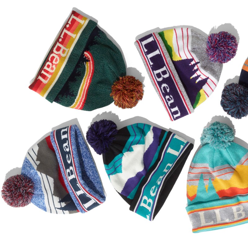 An overhead view of several L.L.Bean pom hats.