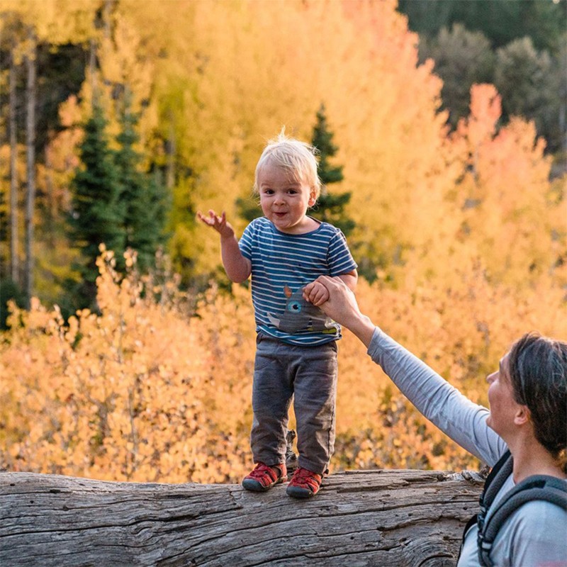 The littlest Bowman stands on a log with mom's help, brilliant fall-colored leaves all around.