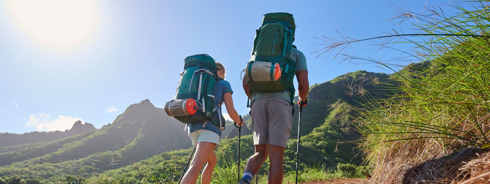 2 hikers wearing large packs and using hiking poles, shot from behind, beautiful mountain scene and blue sky.